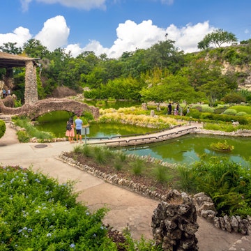 San Antonio, Texas, USA - June 23rd, 2021: Japanese Tea Garden (also known as Chinese Tea Garden or Sunken Gardens in Brackenridge Park)  view in summer