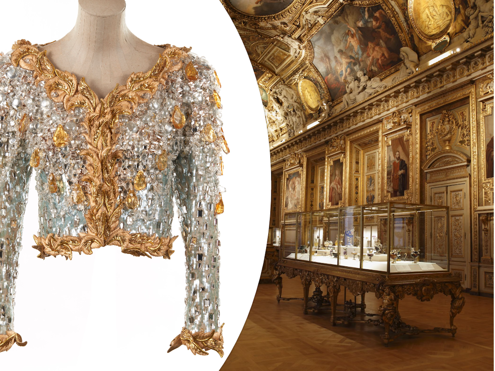 A silver emroidered YSL jacket alongside the art work of the Apollo Gallery in the Louvre