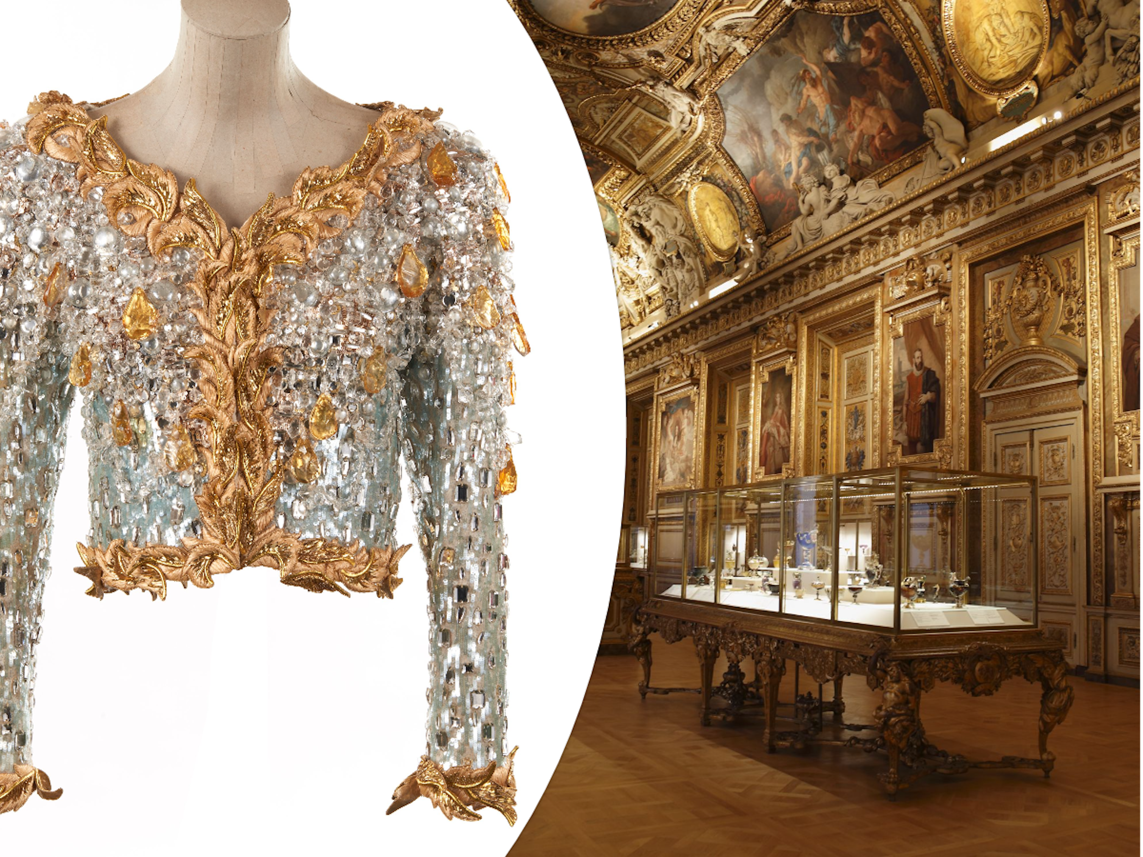 A silver embroidered YSL jacket alongside the art work of the Apollo Gallery in the Louvre