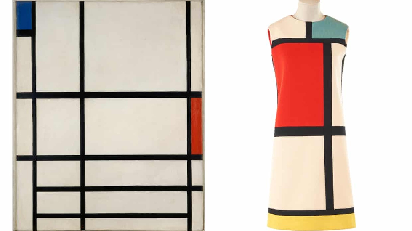 ves Saint Laurent’s dress Hommage à Piet Mondrian from Autumn Winter 1965, which references Mondrian’s Composition en rouge, bleu et blanc II, 1937 Photograph: Yves Saint Laurent @ Nicolas Mathéus Yves Saint Laurent/Nicolas Mathéus/Centre Pompidou, MNAM-CCI, Dist. RMN-Grand Palais / Jacques Faujour