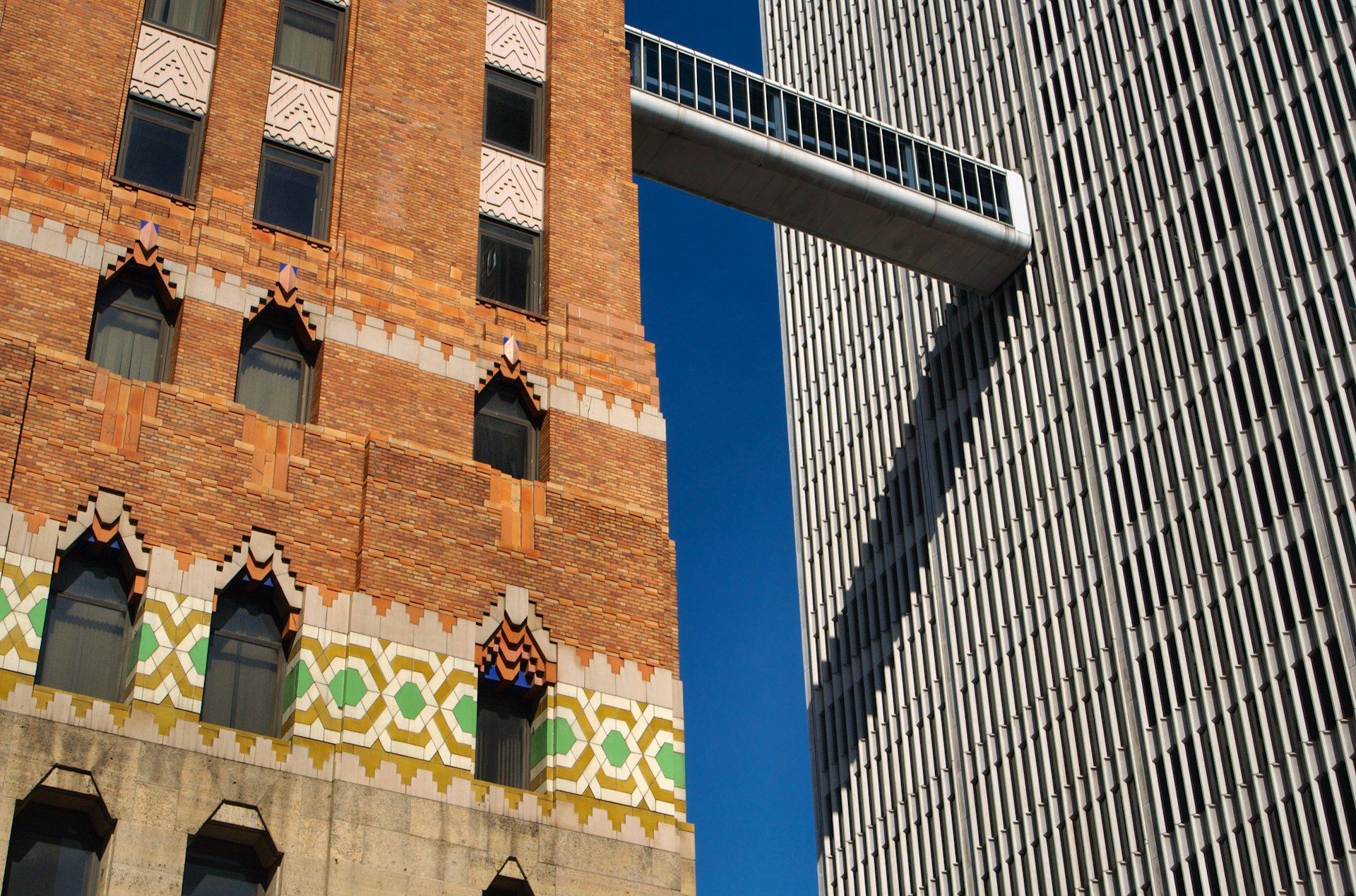 Art Deco Building next to Modern in Detroit