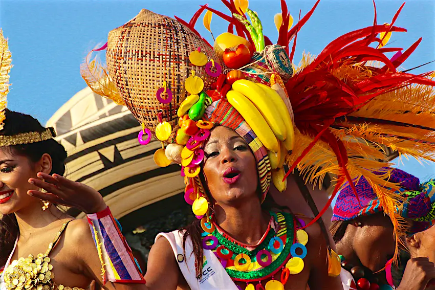 Celebrations in Cartagena, Colombia Woman wearing a colorful outfit in Cartagena, Colombia
