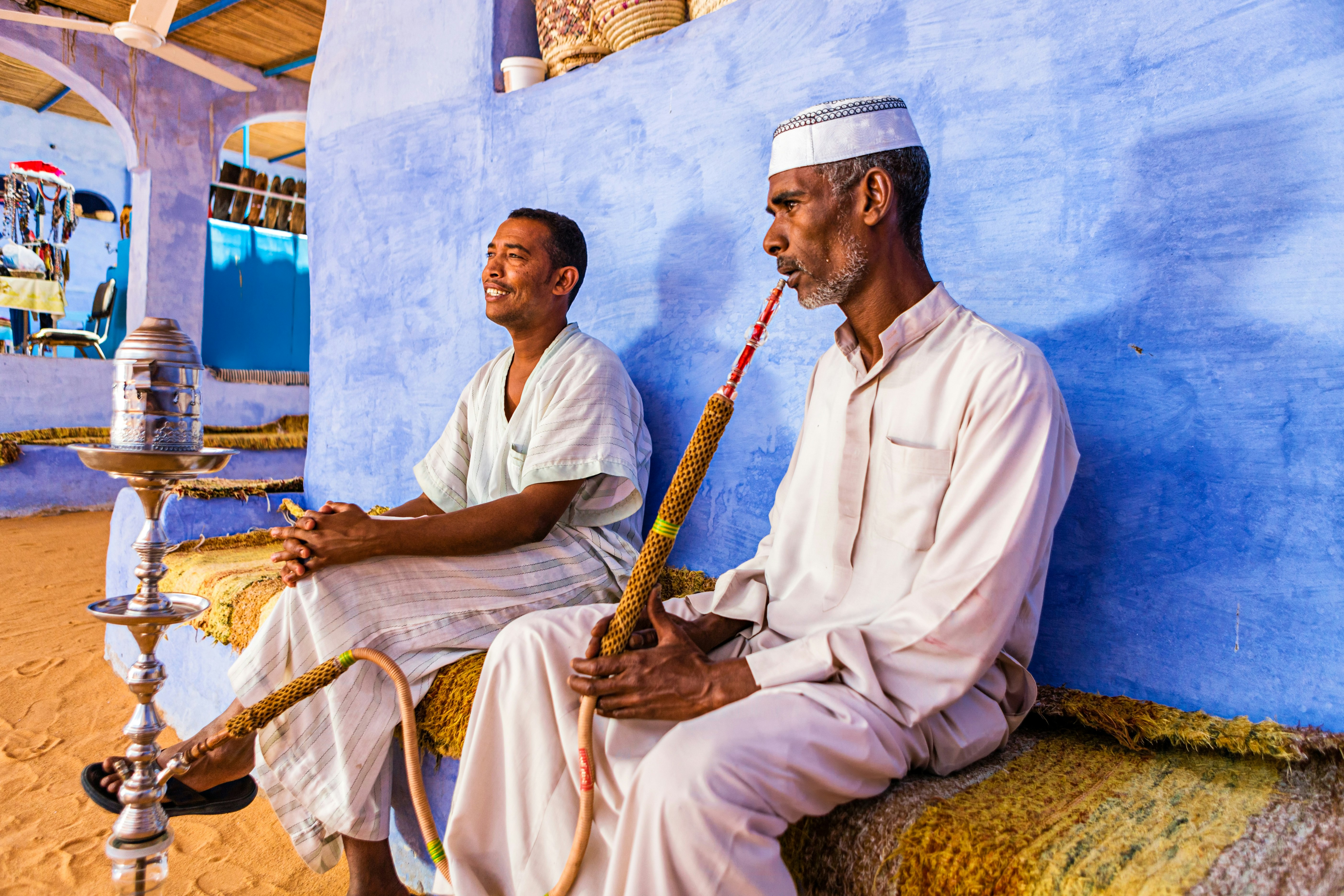 Nubian men smoking a water-pipe in Aswan, Southern Egypt