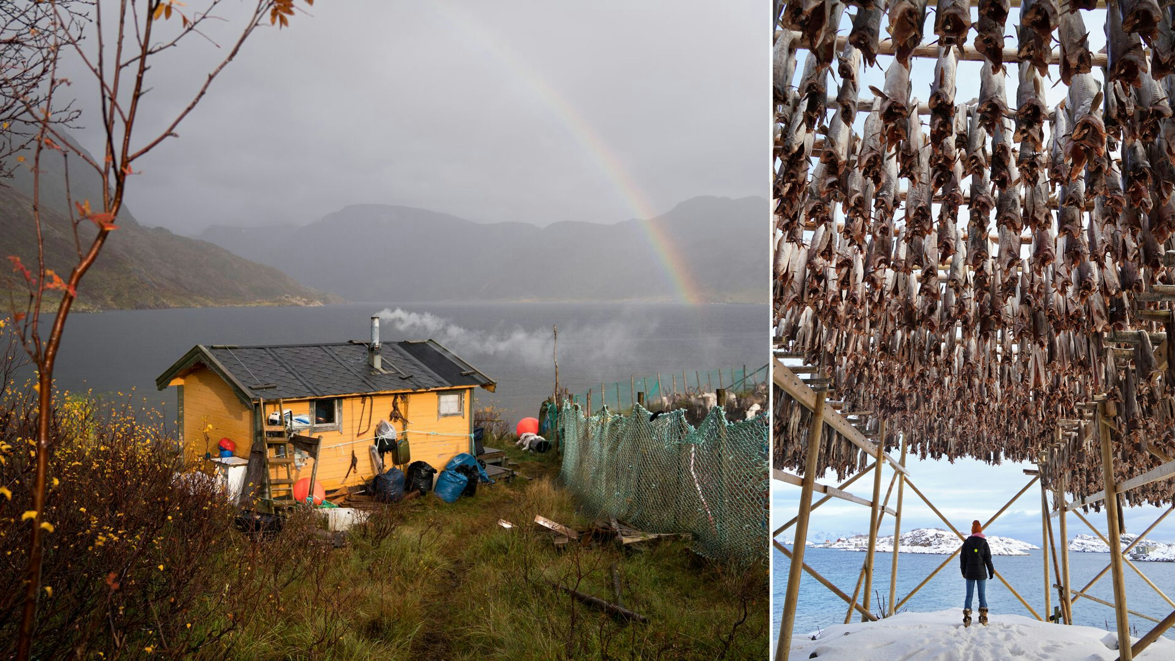 Left: A cabin under a rainbow in Autumn weather; Right: A woman stands under a rack drying fish.