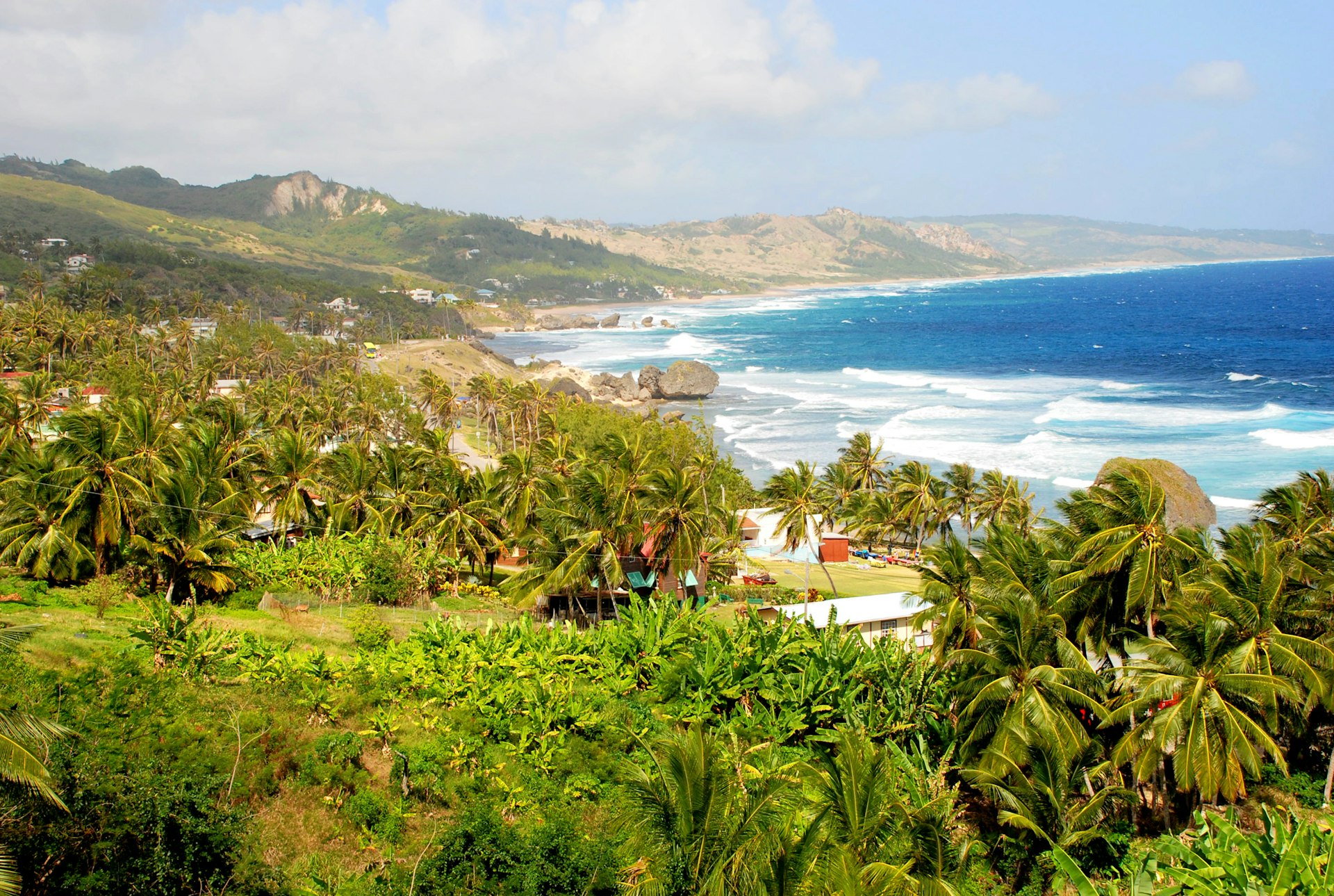 Panoramic view of the surfer beach Bathsheba on a partly cloudy day