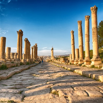 Columns and stone road at the Roman Ruins of Jerash.