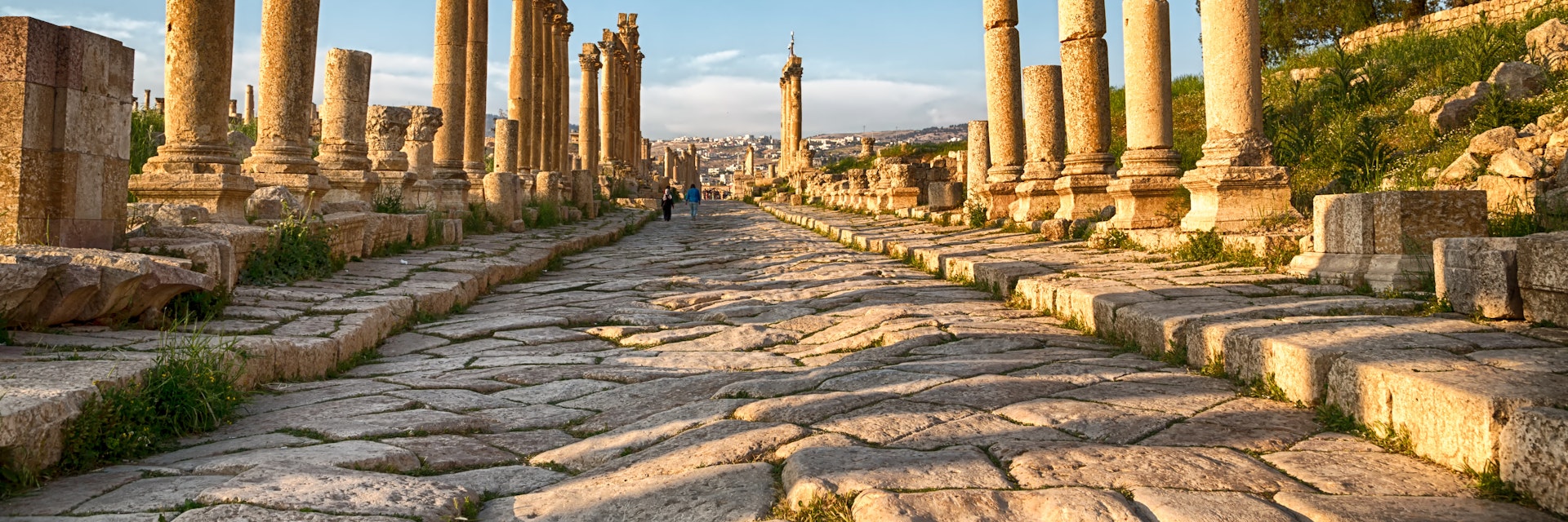 Columns and stone road at the Roman Ruins of Jerash.
