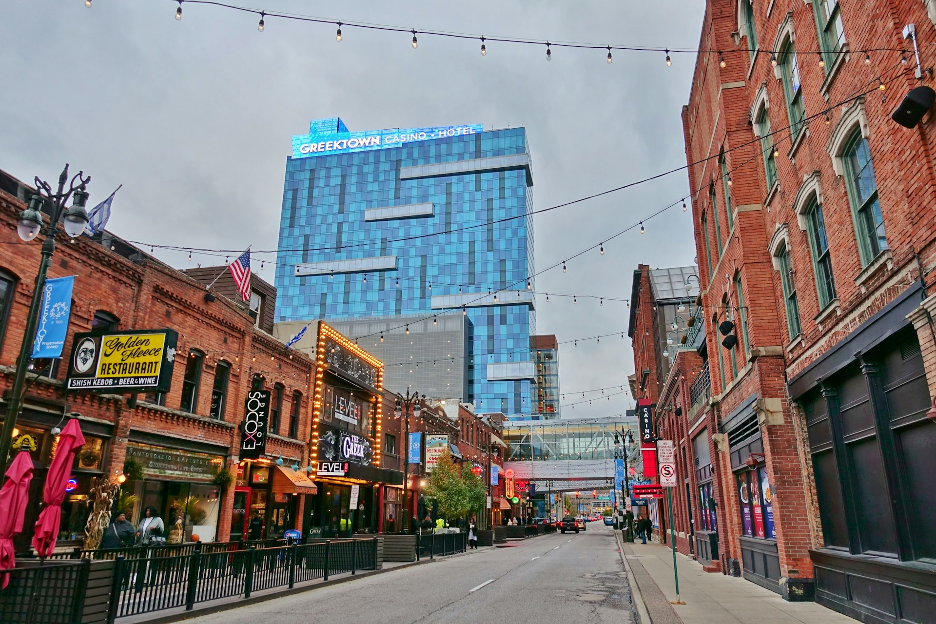 Storefronts in Greektown, a historic commercial and entertainment district in Detroit