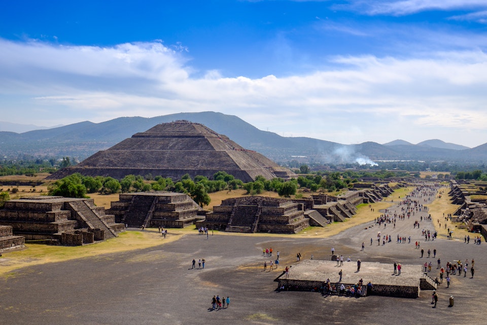 TEOTIHUACAN, MEXICO - 28 DECEMBER 2015: Scenic view of Pyramid of the Sun and Avenue of the dead in Teotihuacan, near Mexico city