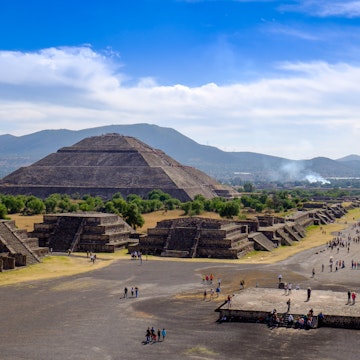 TEOTIHUACAN, MEXICO - 28 DECEMBER 2015: Scenic view of Pyramid of the Sun and Avenue of the dead in Teotihuacan, near Mexico city