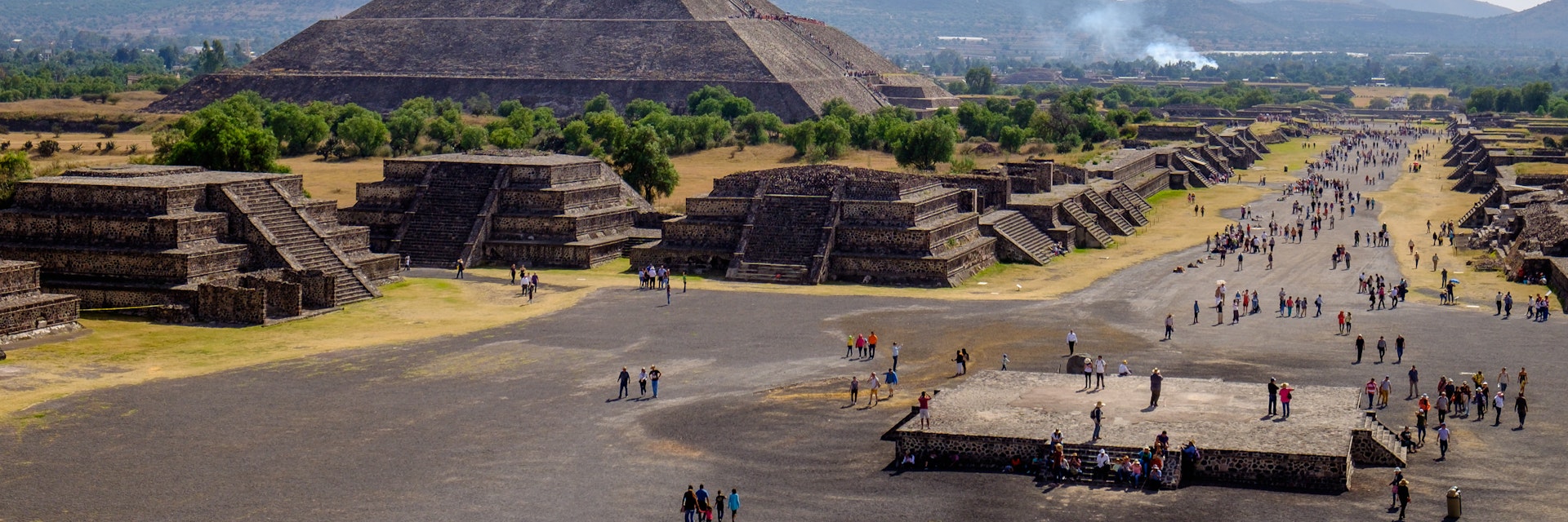 TEOTIHUACAN, MEXICO - 28 DECEMBER 2015: Scenic view of Pyramid of the Sun and Avenue of the dead in Teotihuacan, near Mexico city