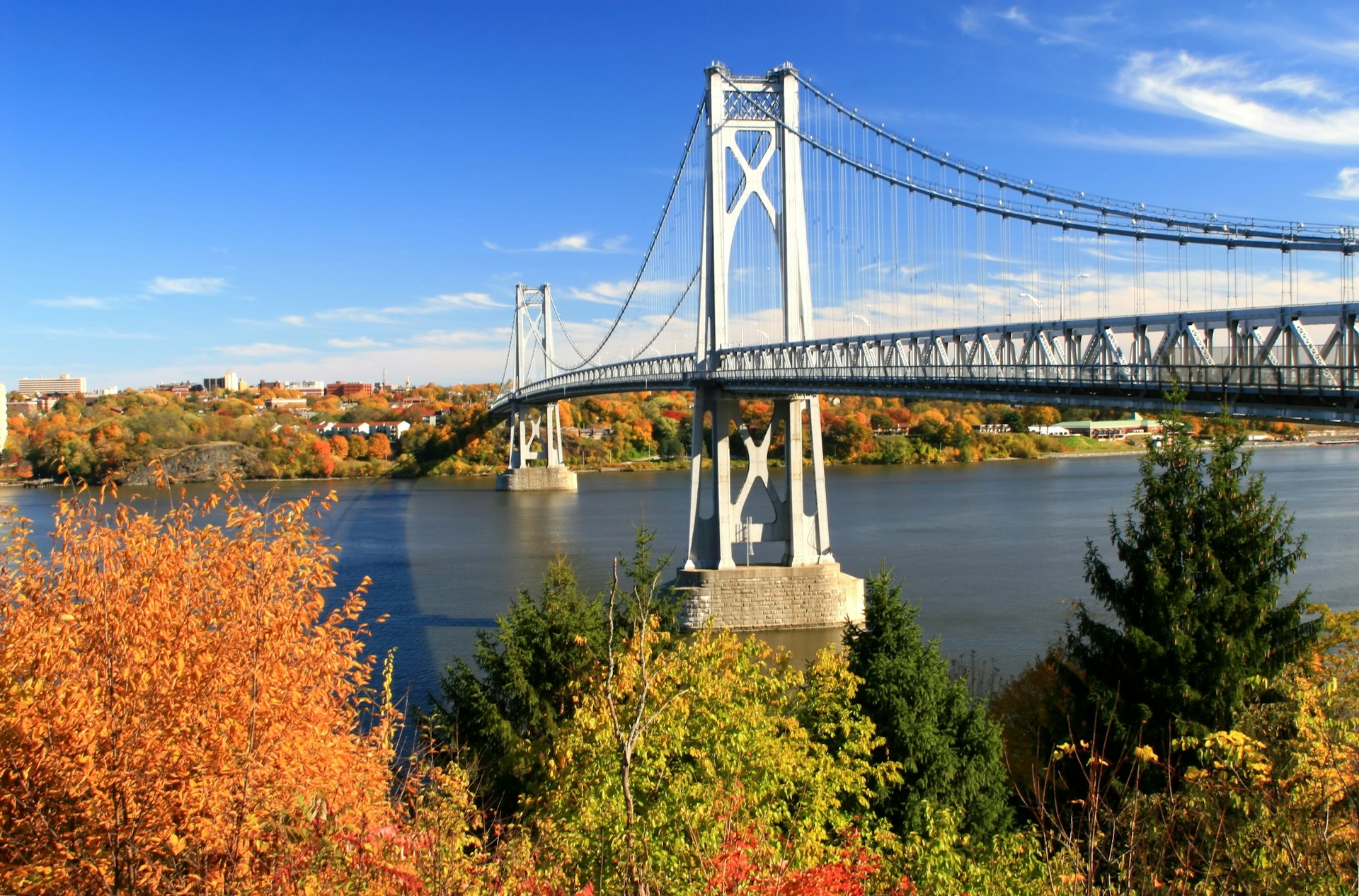 The Mid Hudson Bridge in fall, looking across the Hudson River from Highland to Poughkeepsie, New York
