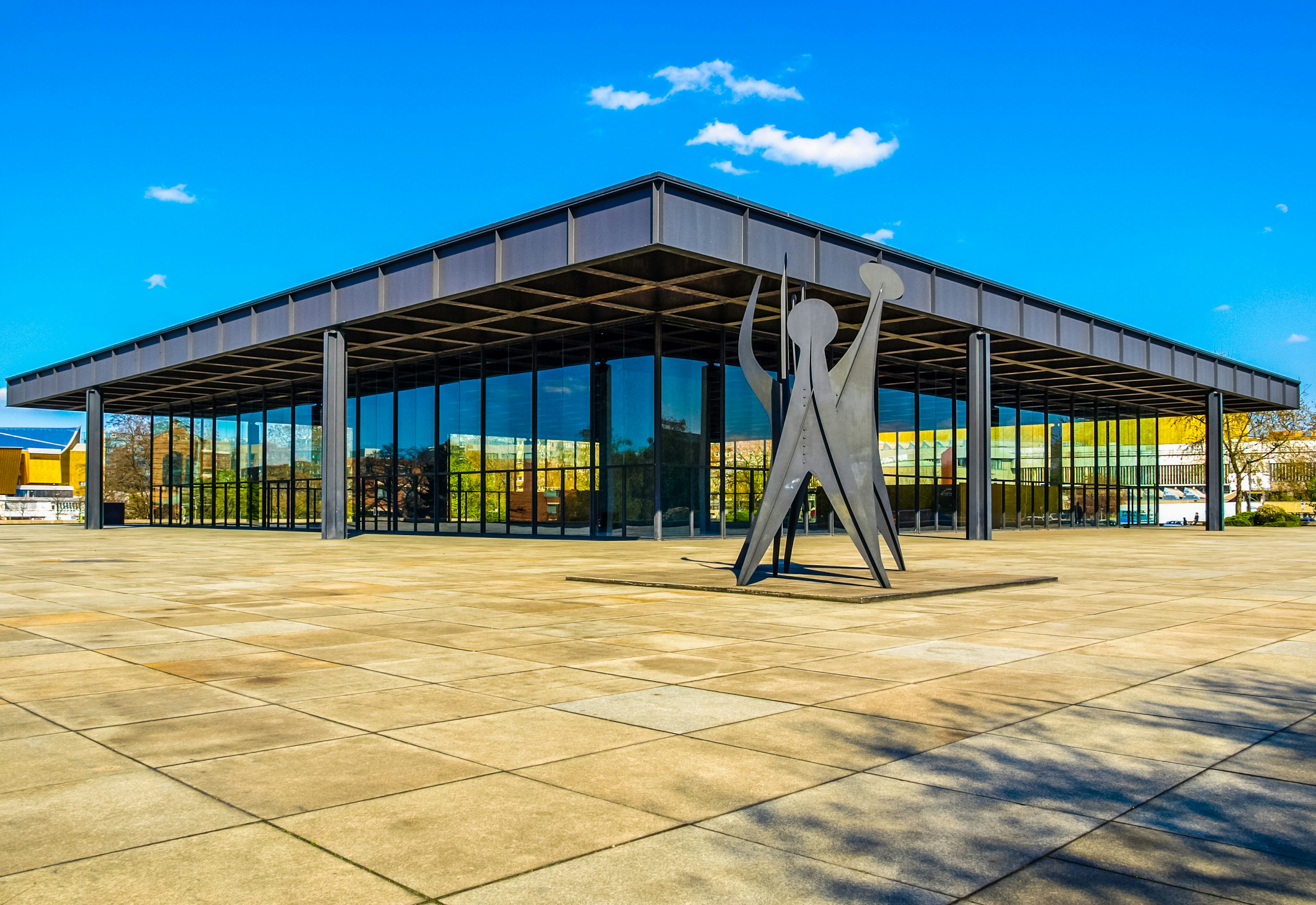 The plaza and Alexander Calder’s large metal outdoor sculpture “Minimal/Maximal” in front of the Neue Nationalgalerie museum, Berlin