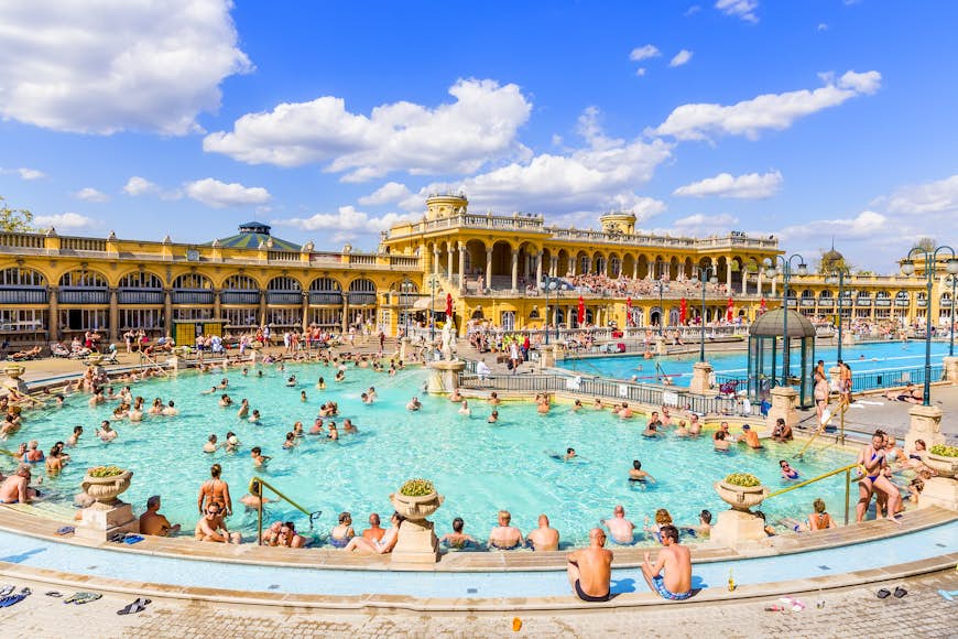 A crowd of bathers at Budapest’s famous Szechenyi Baths on a sunny day