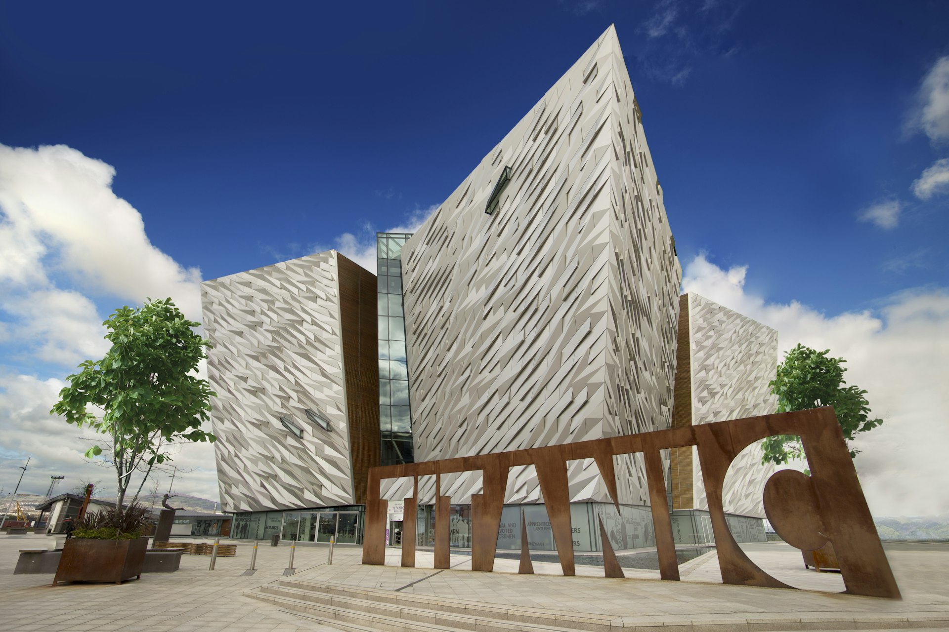 Titanic Belfast, Museum and Visitors Center on the place where Titanic was built with Titanic Sign in front of the building. 