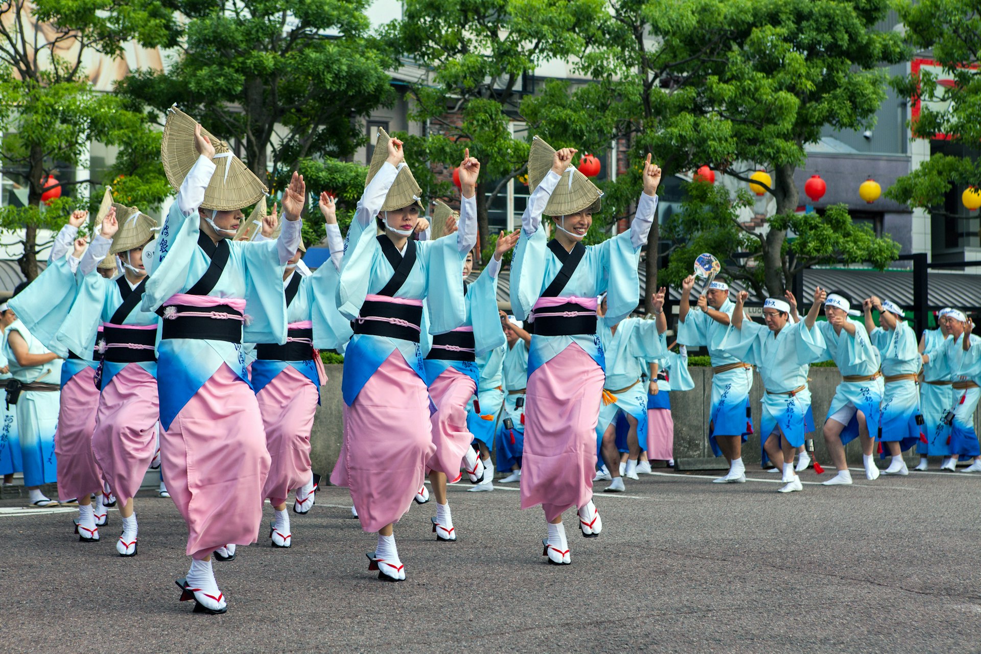 A group performing a traditional Japanese dance at the Obon festival in Tokushima