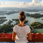 A girl looks over Guatape and the expansive lake system.