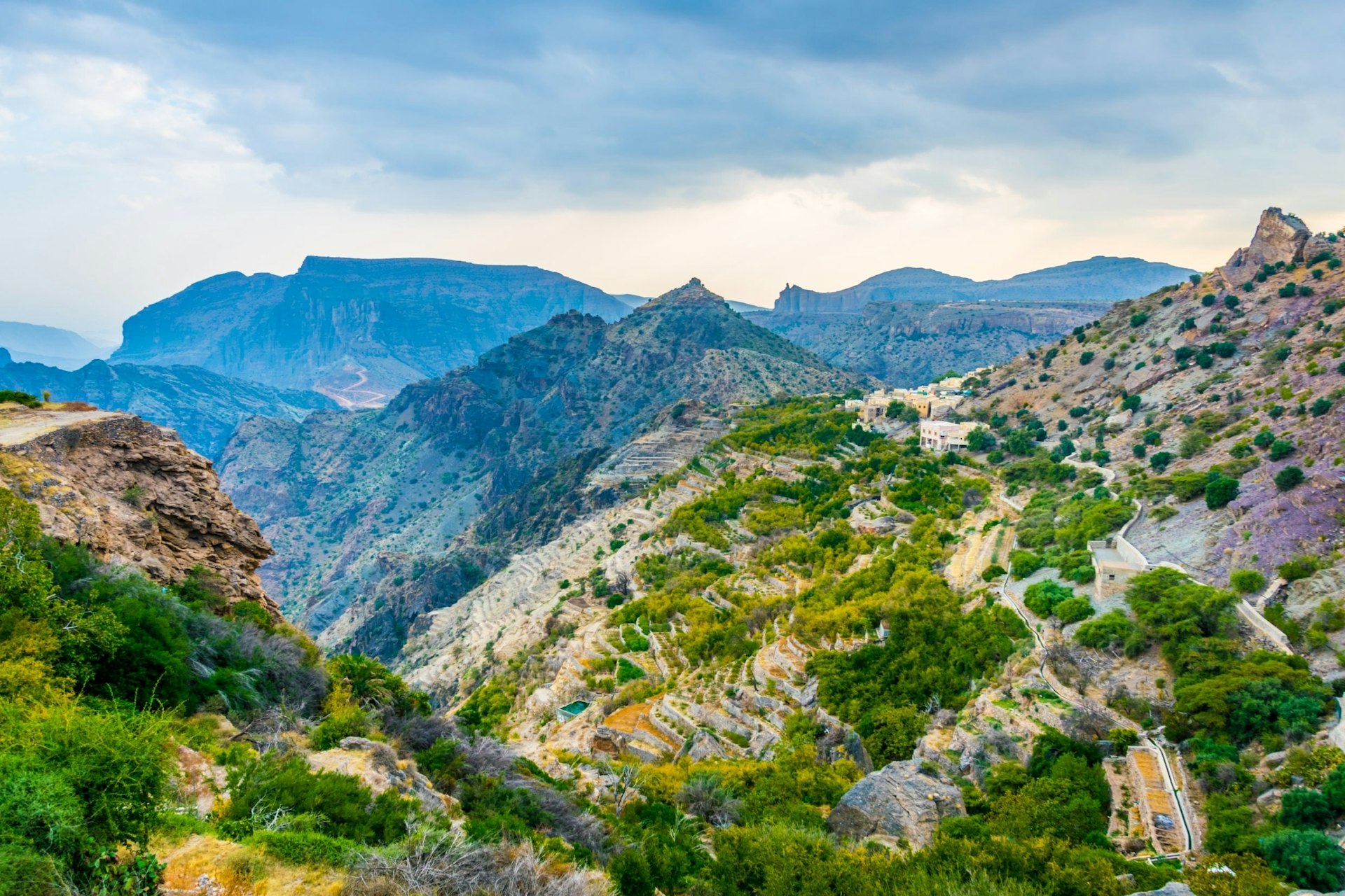A view of the small rural villages and verdant scenery of the Saiq Plateau at Jebel Akhdar in Oman