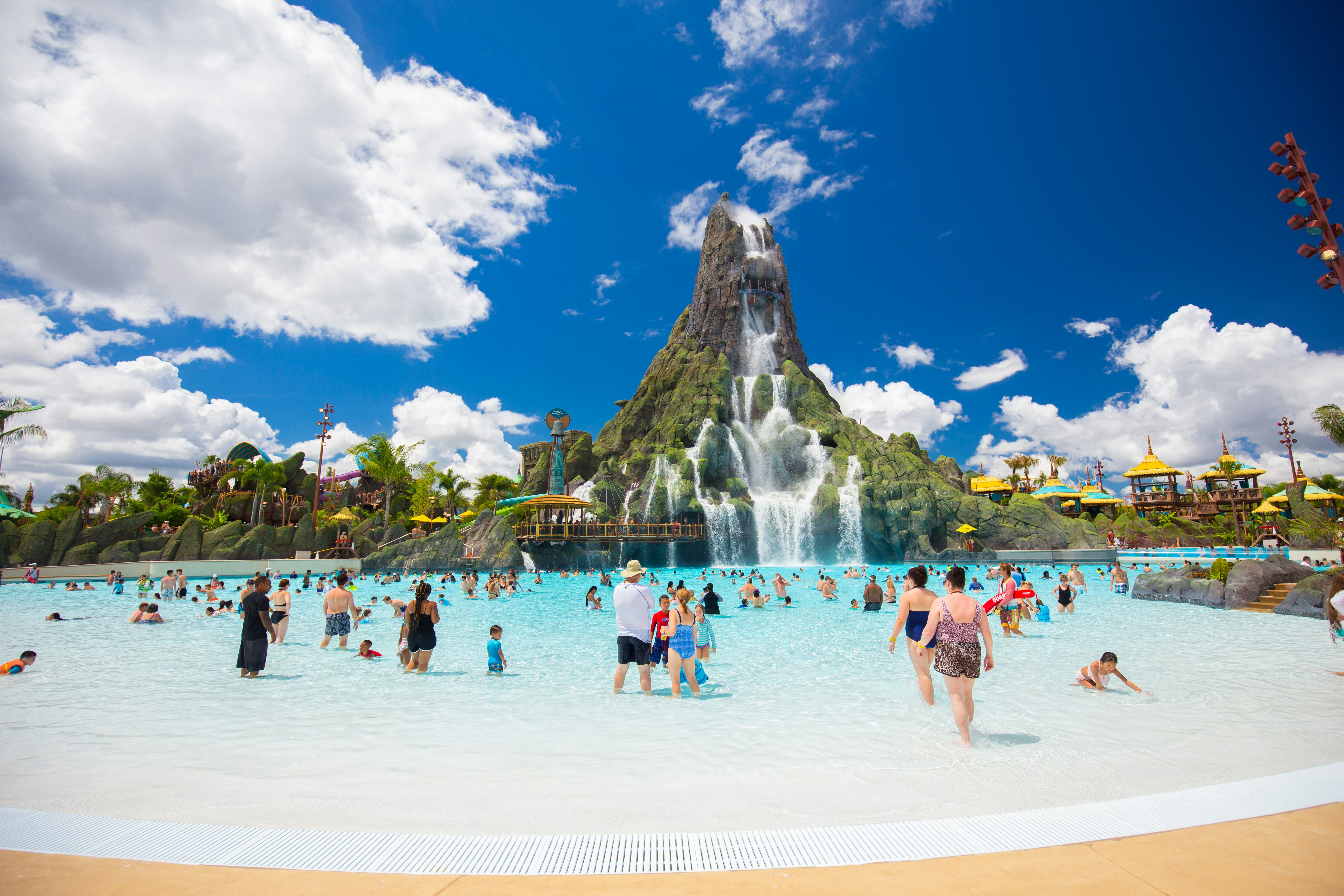 Families enjoying the cool waters at Volcano Bay, part of Universal Studios Florida