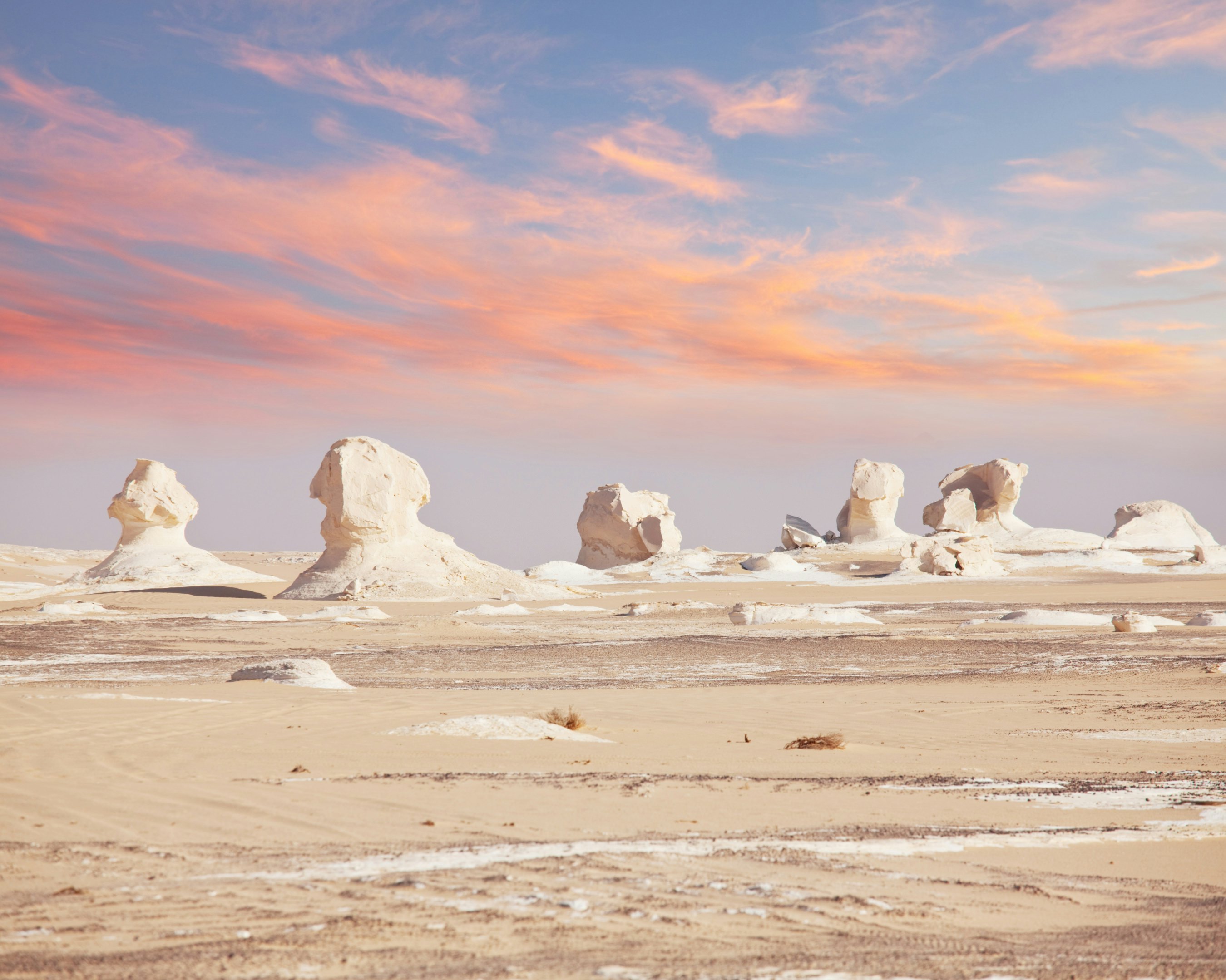 Chalk rock formations in White Desert National Park in Egypt.
