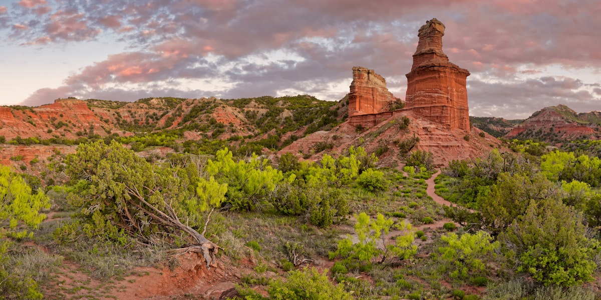 Sunset over Lighthouse Rock in Palo Duro Canyon State Park.