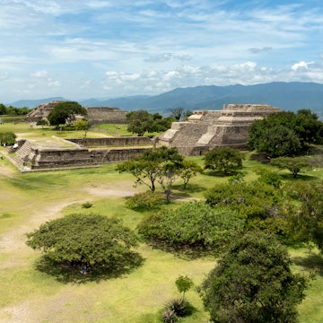 Oaxaca, Mexico. July, 30. 2019: Panoramic views of Monte Alban, the ancient city of Zapotecs. Oaxaca, Mexico