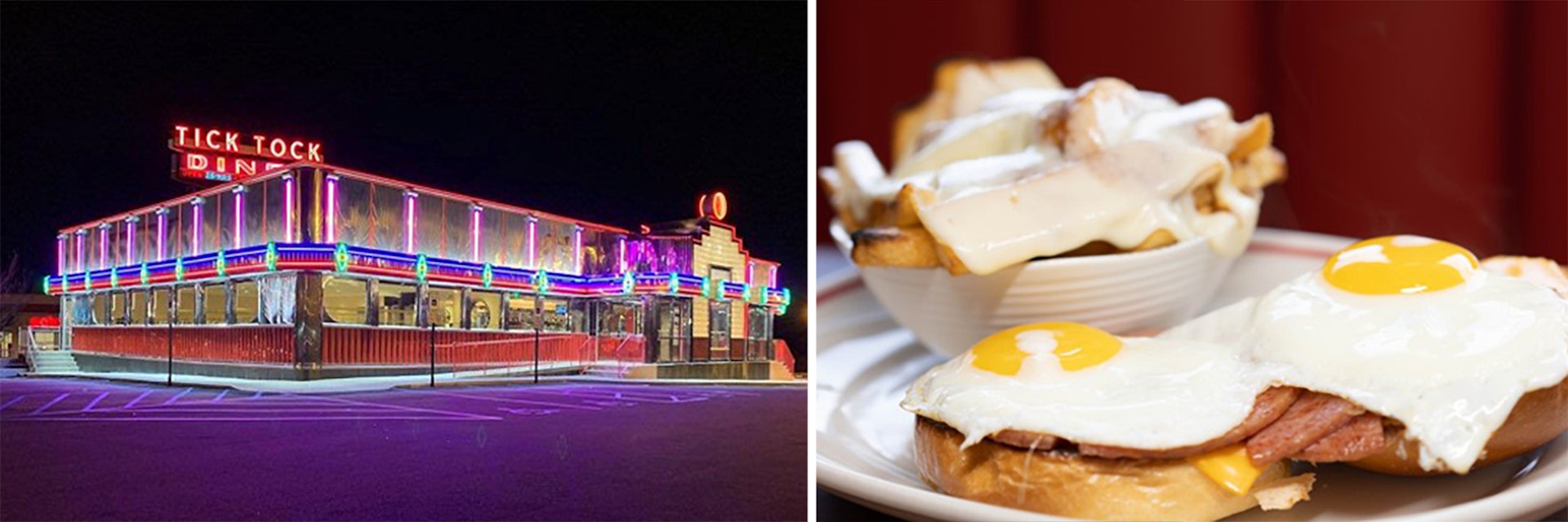 Left: The neon-lit exterior of a roadside diner. Right: A breakfast entree
