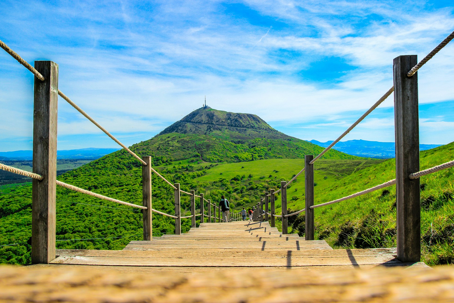 Stairs leading down towards the Puy de Dome volcano, France