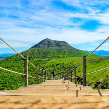 Stairs leading down towards Puy de Dome volcano.