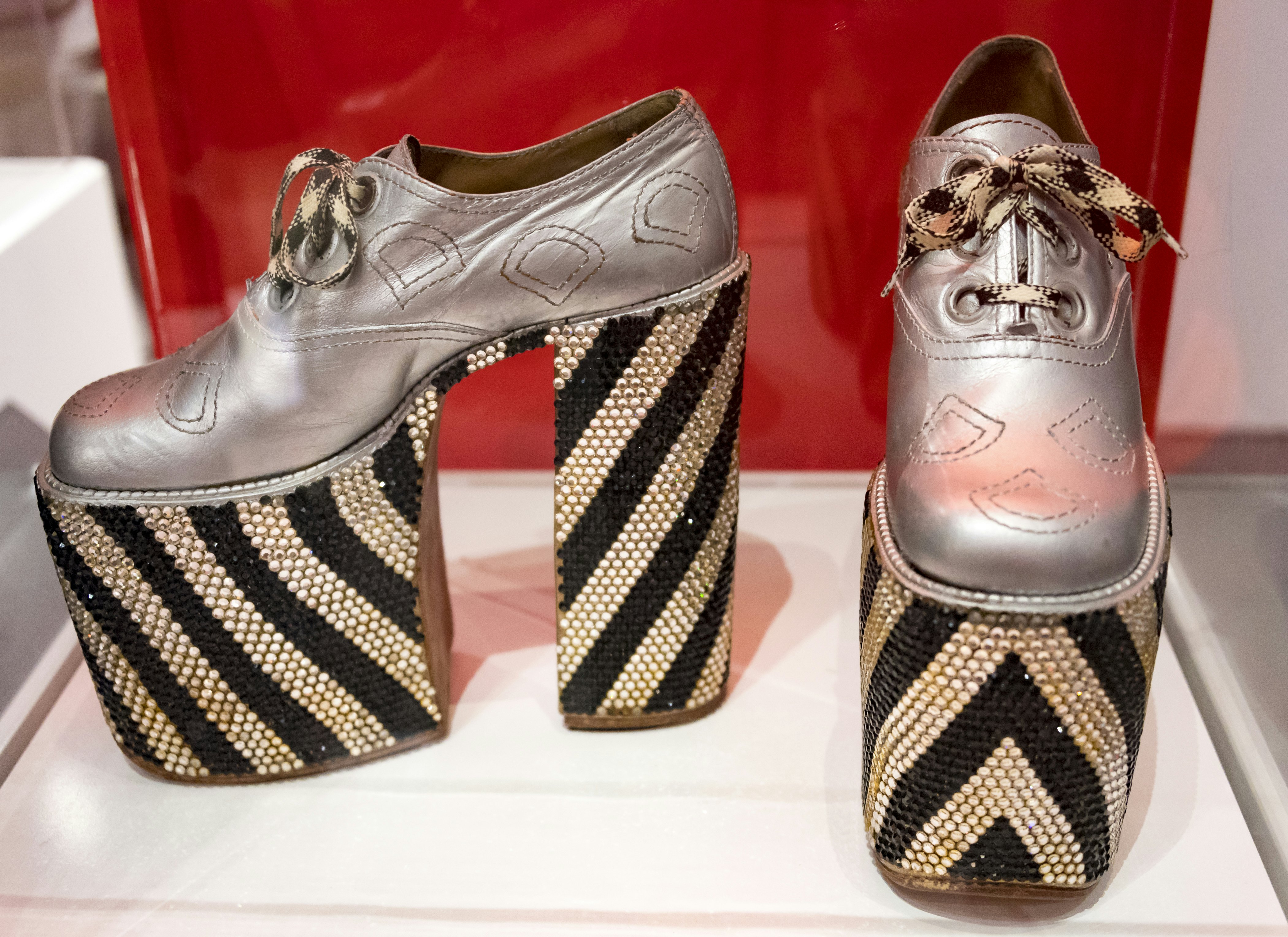 Closeup of Elton John's high heel shoes that measure 7.5 inches high at the Bata Shoe Museum in Toronto.