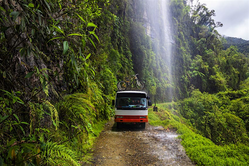 Buses in Bolivia are cheap and frequent, though not always comfortable Bus on the so-called Death Road, North Yungas, Bolivia