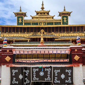 The main assembly hall of Samye Monastery in Dranang county, Shannan (Lhoka) Prefecture, Tibet, China. Samye Monastery (Samye Gompa) is the first buddhist monastery built in Tibet, established in 763 AD under the patronage of Tibetan king Trisong Detsen.