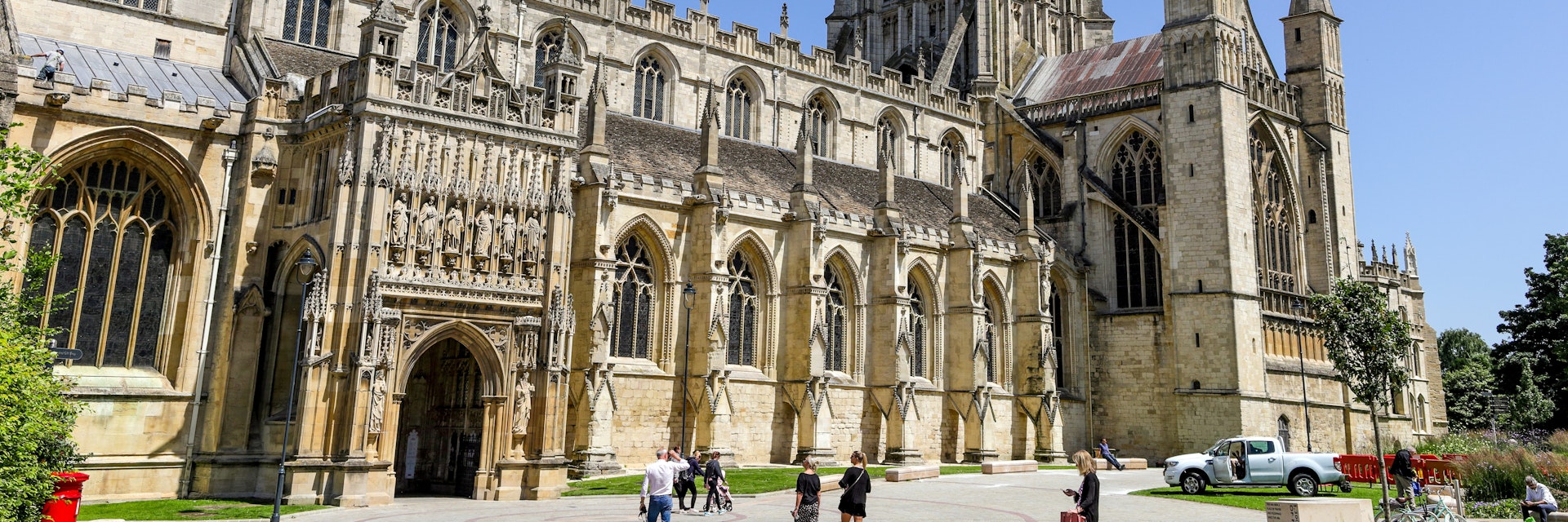 Gloucester Gloucestershire UK 1st JULY 2019  Iconic and historic Gloucester Cathedral with tourists ; Shutterstock ID 1443426806; your: Bridget Brown; gl: 65050; netsuite: Online Editorial; full: POI Image Update