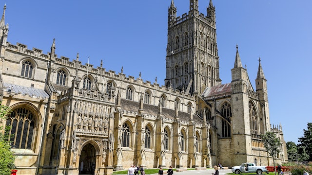 Gloucester Gloucestershire UK 1st JULY 2019  Iconic and historic Gloucester Cathedral with tourists ; Shutterstock ID 1443426806; your: Bridget Brown; gl: 65050; netsuite: Online Editorial; full: POI Image Update