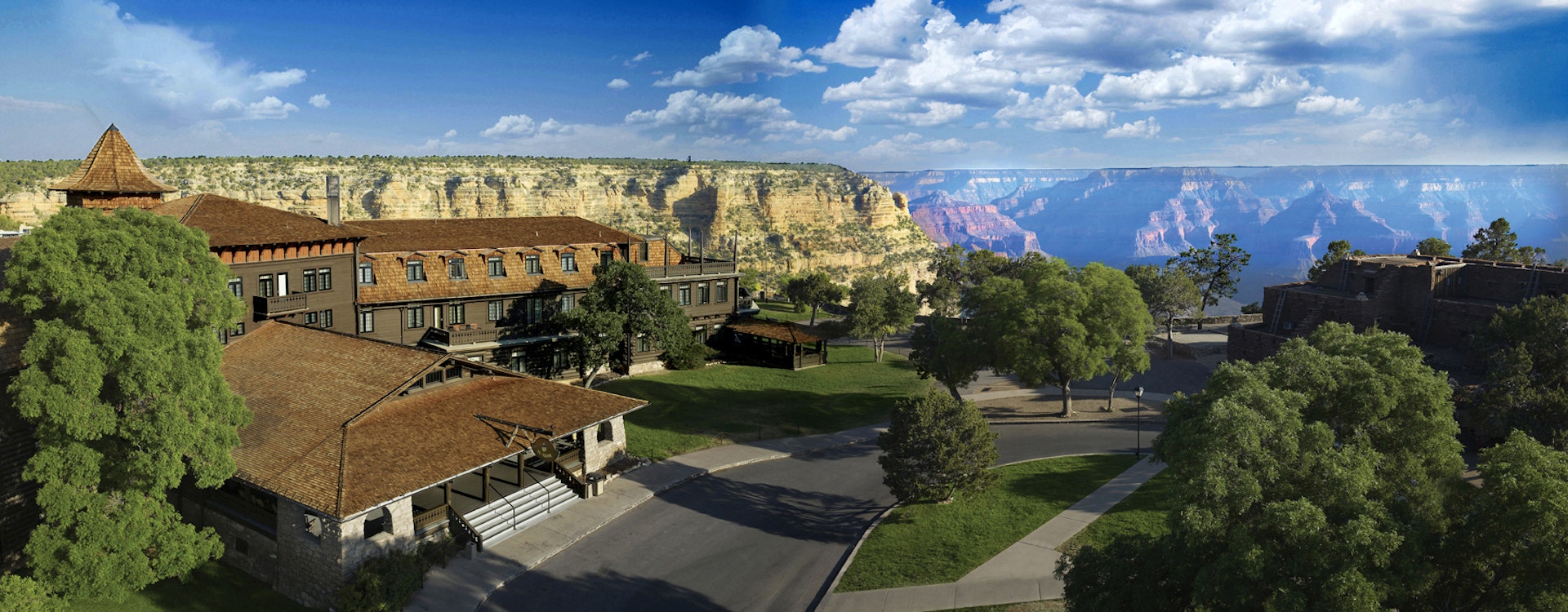 Exterior, bird's eye view of El Tovar Hotel, Grand Canyon National Park Lodge