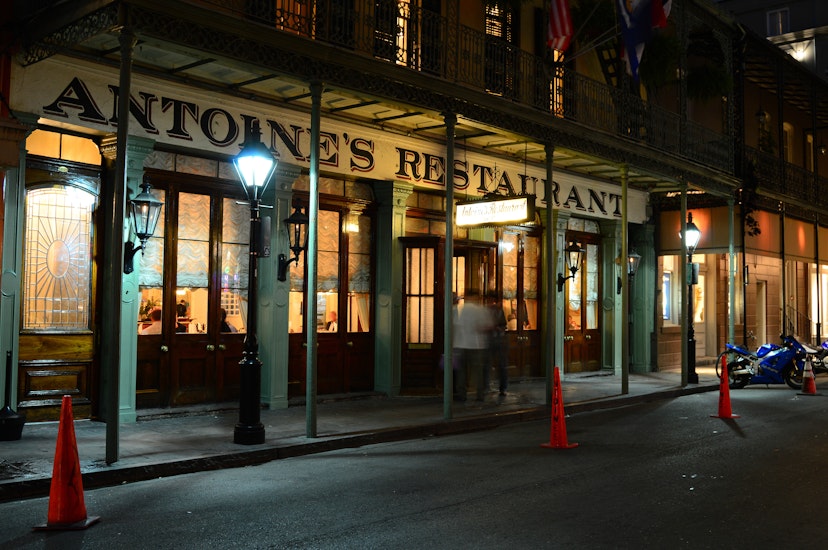 New Orleans, LA, USA October 27, 2015 Antoine's Restaurant, one of the oldest in America, glows at night in the New Orleans French Quarter
