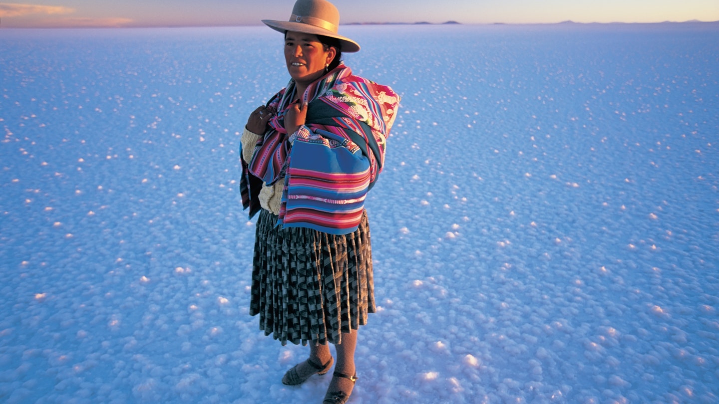 Woman in traditional dress at Salar de Uyuni, Bolivia