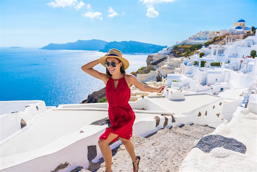 Woman Running Stairs Santorini, Greek Islands, Greece, Europe