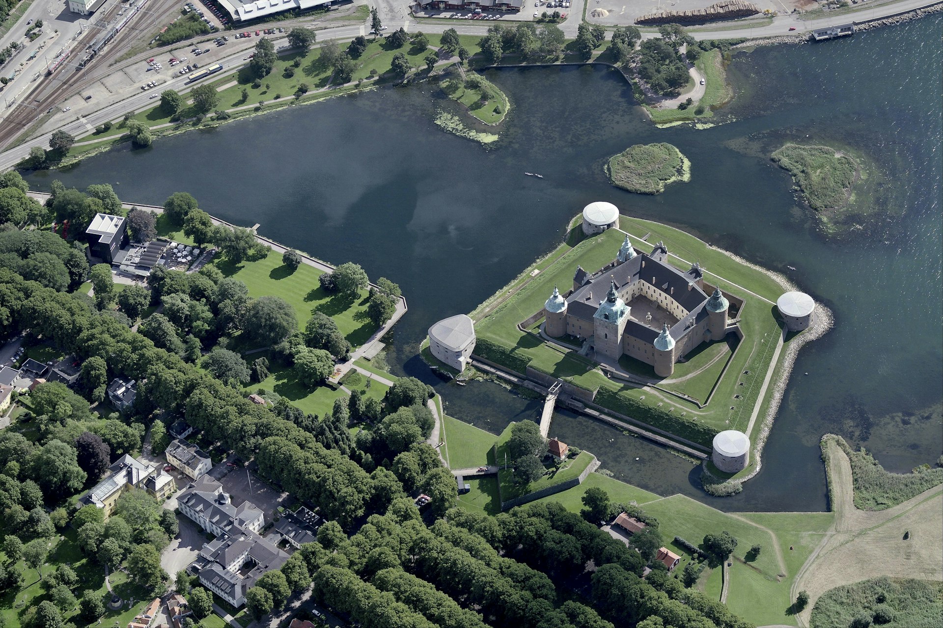 An aerial view of Kalmar Slott, a Renaissance castle in an island in Sweden