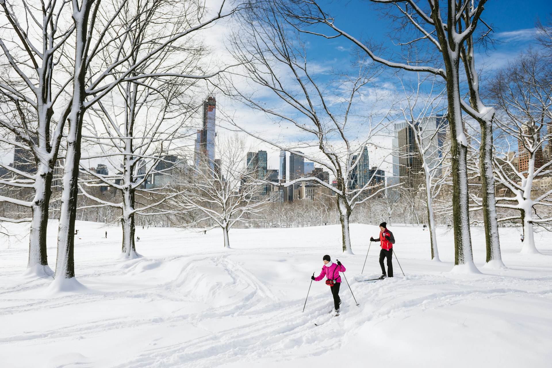 Couple cross-country skiing in Central Park, New York City