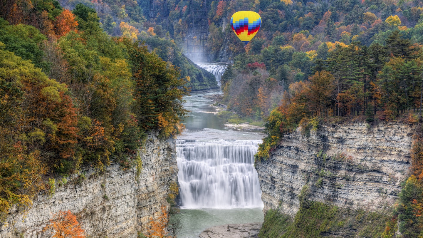 Hot Air Balloon Over The Middle Falls At Letchworth State Park In New York