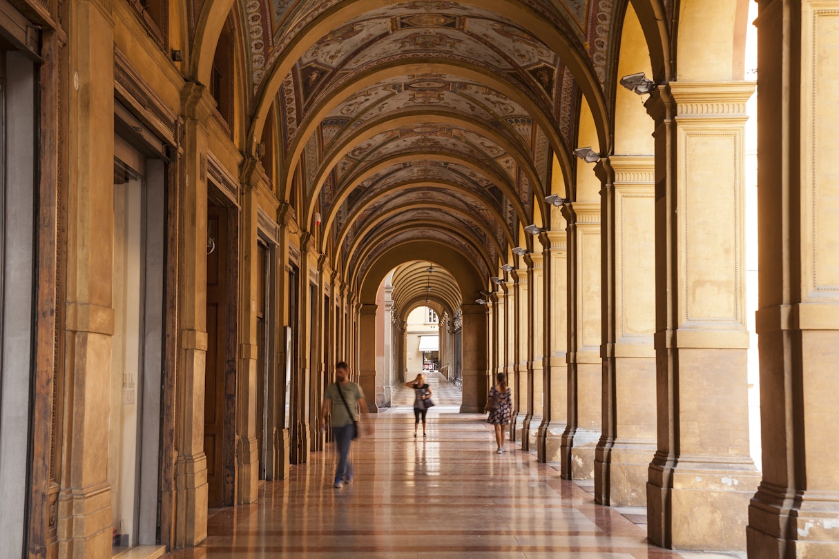 The porticoes of Via Farini, Bologna, Italy