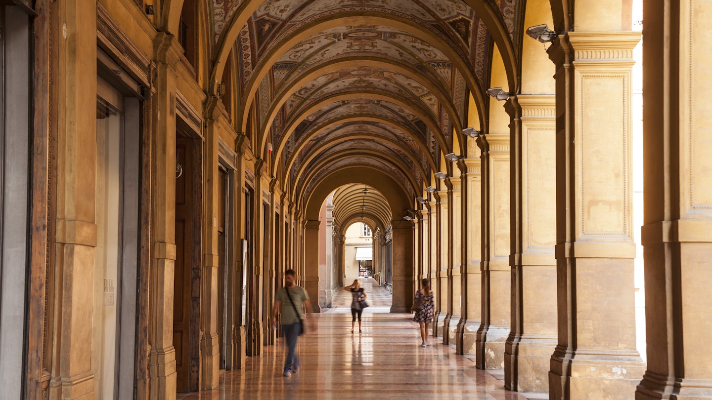 The porticoes of Via Farini, Bologna, Italy