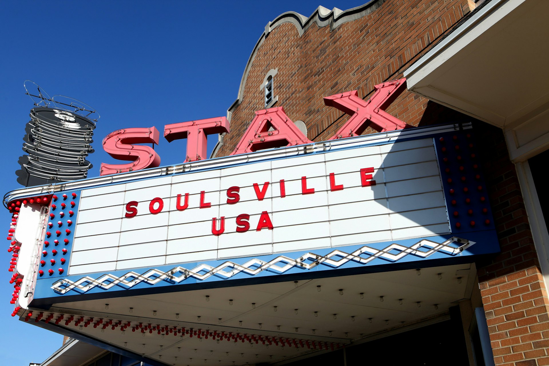 Exterior shot of the Stax Museum in Memphis. The marquee reads "Soulsville USA"