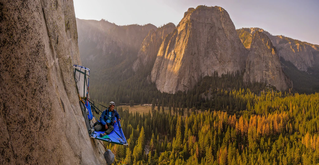 Two rock climbers on portaledges on triple direct, El Capitan, Yosemite Valley, California, USA