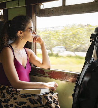 Woman on local train, Galle, South Coast, Sri Lanka