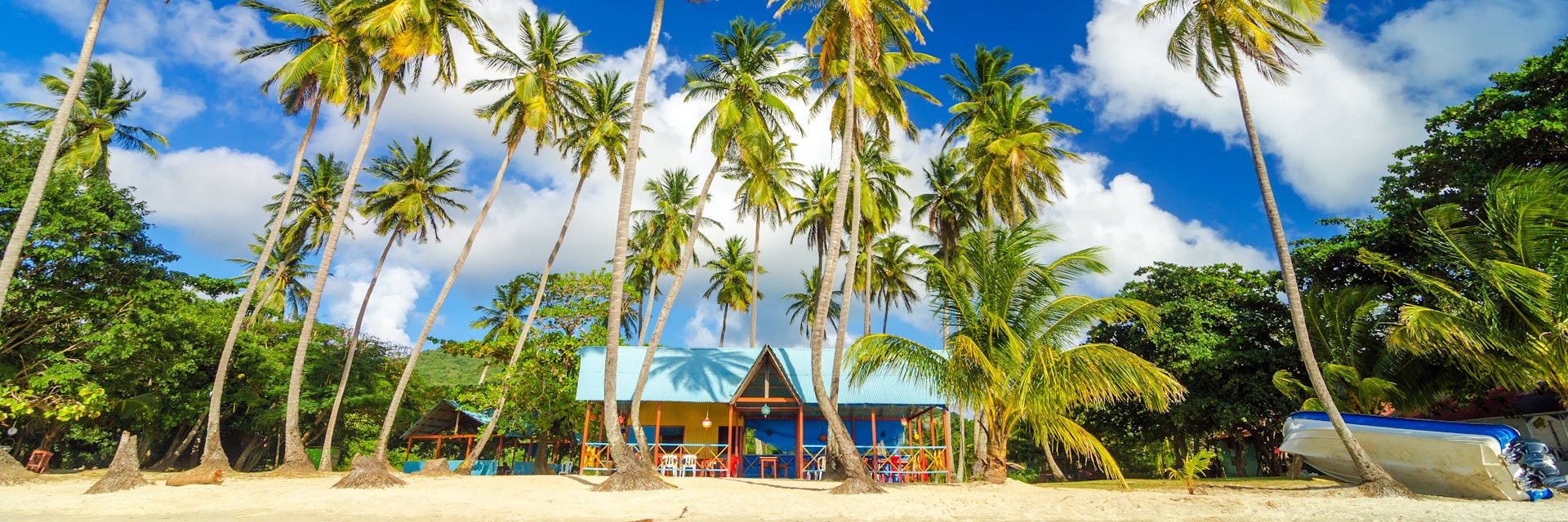 Colorful shack on a beach surrounded by palm trees in San Andres y Providencia, Colombia