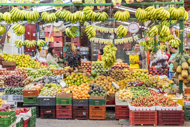 Bananas and fruits at Paloquemao Market in Bogotá, Colombia