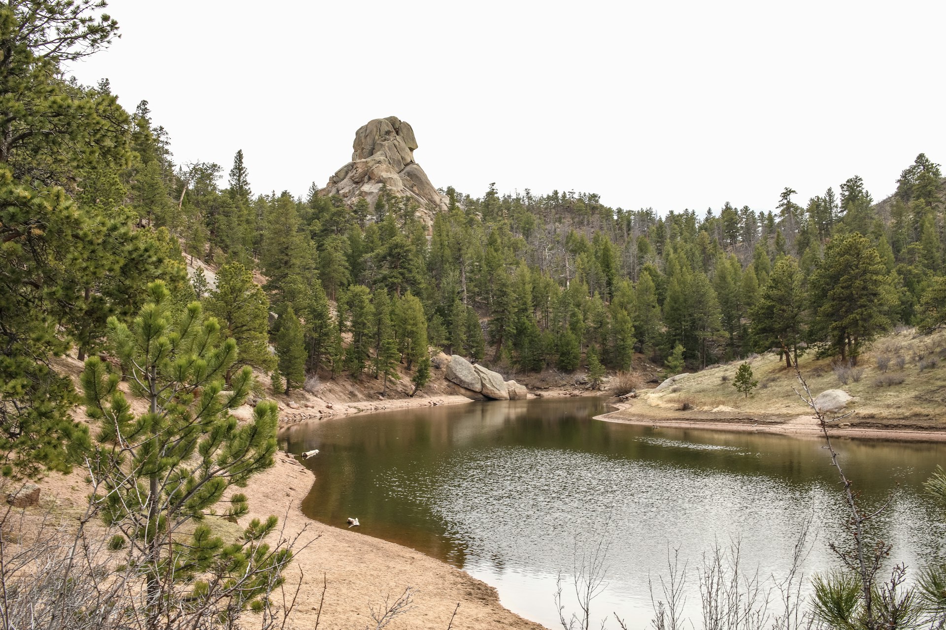One of the reservoirs in Curt Gowdy State Park with mountains in the background