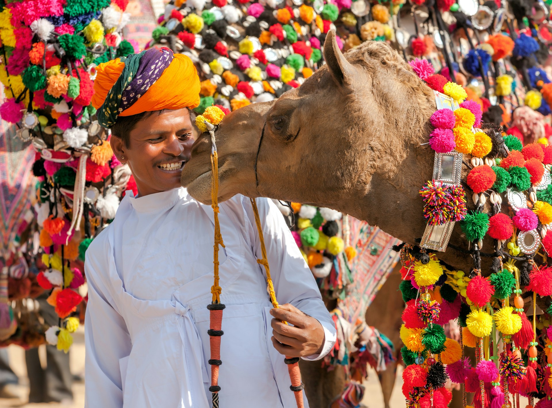A man in a turban smiles as a heavily decorated camel pushes his nose towards his face